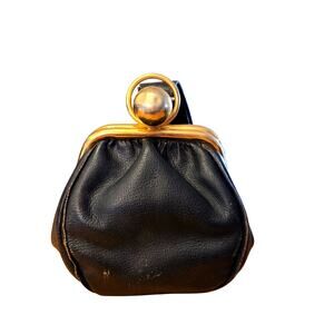 Retro Black Clutch Bag Wrist Strap Gold Tone Frame Ball Circle Clasp Vtg 1950